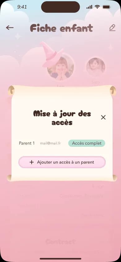 Fiche enfant : identité, santé et partage d'accès avec les parents