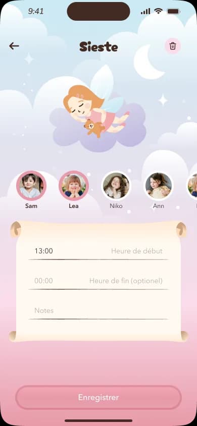 Saisie d'une sieste : heure de début, de fin et notes